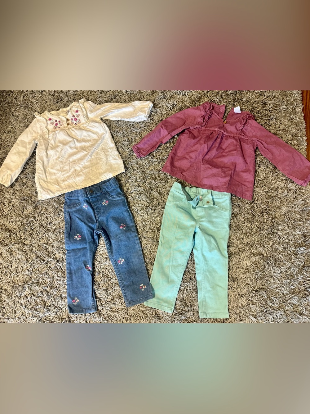 Carter's Mint Green Pants, Jeans, Mauve Top and White Long Sleeve Shirt